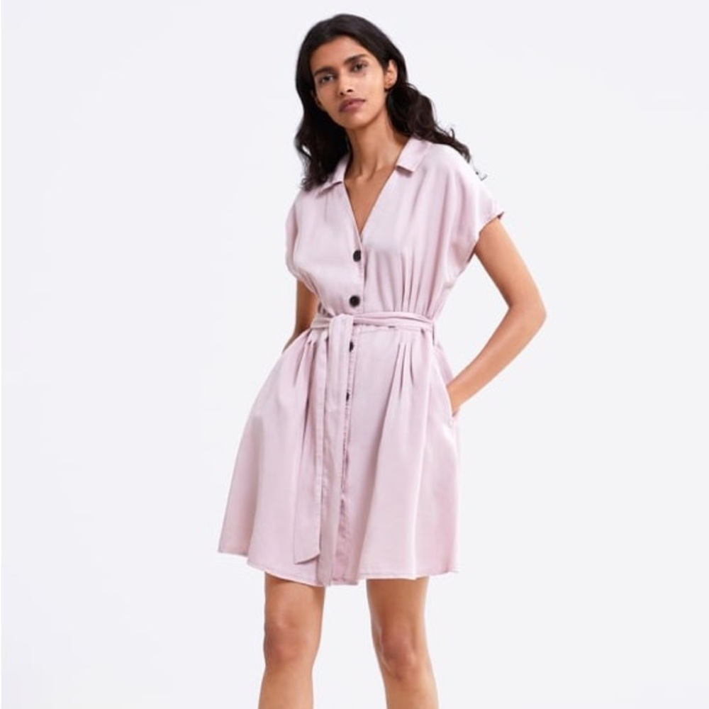 Zara Pale Pink Belted Denim Dress